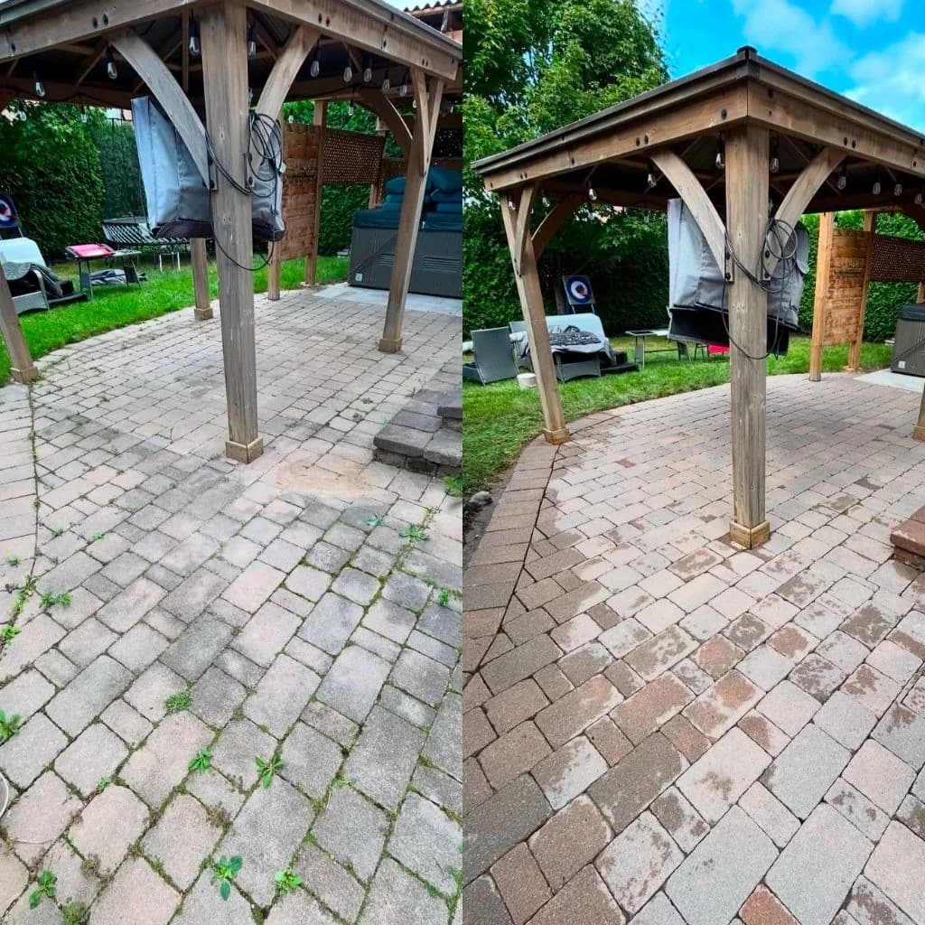 After cleaning: the same gazebo patio with weeds removed and cleaner interlocking pavers