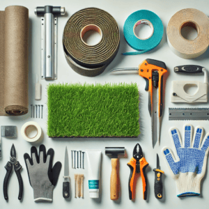 a collection of tools and materials for artificial grass installation