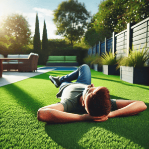 a man lying on artificial grass