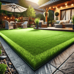 a patio with a artificial lawn and chairs