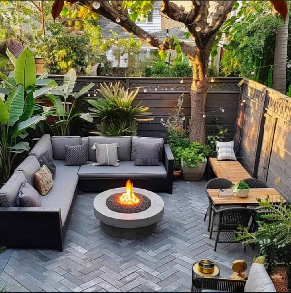 A beautifully interlocking stone patio with elegant outdoor seating, surrounded by greenery and a cozy fire pit.